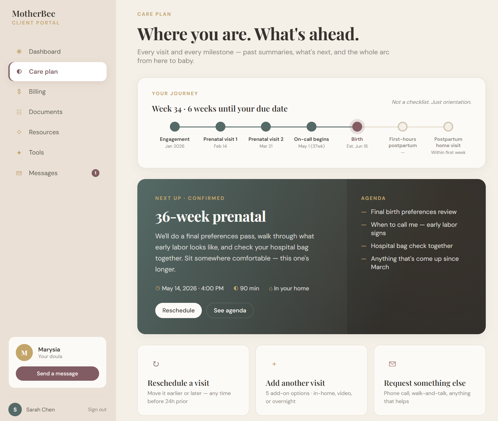 Preview of the MotherBee client portal care plan view